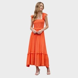 Anthro By The River Midi Dress S Red Orange Smocked Boho Romantic